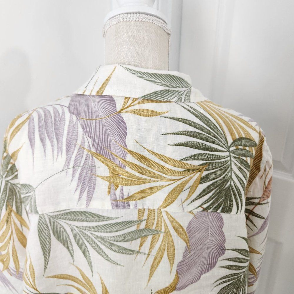 Tahari Linen Top Womens 1X Cream Floral Leaves Tropical Button Side Resort - Picture 8 of 16